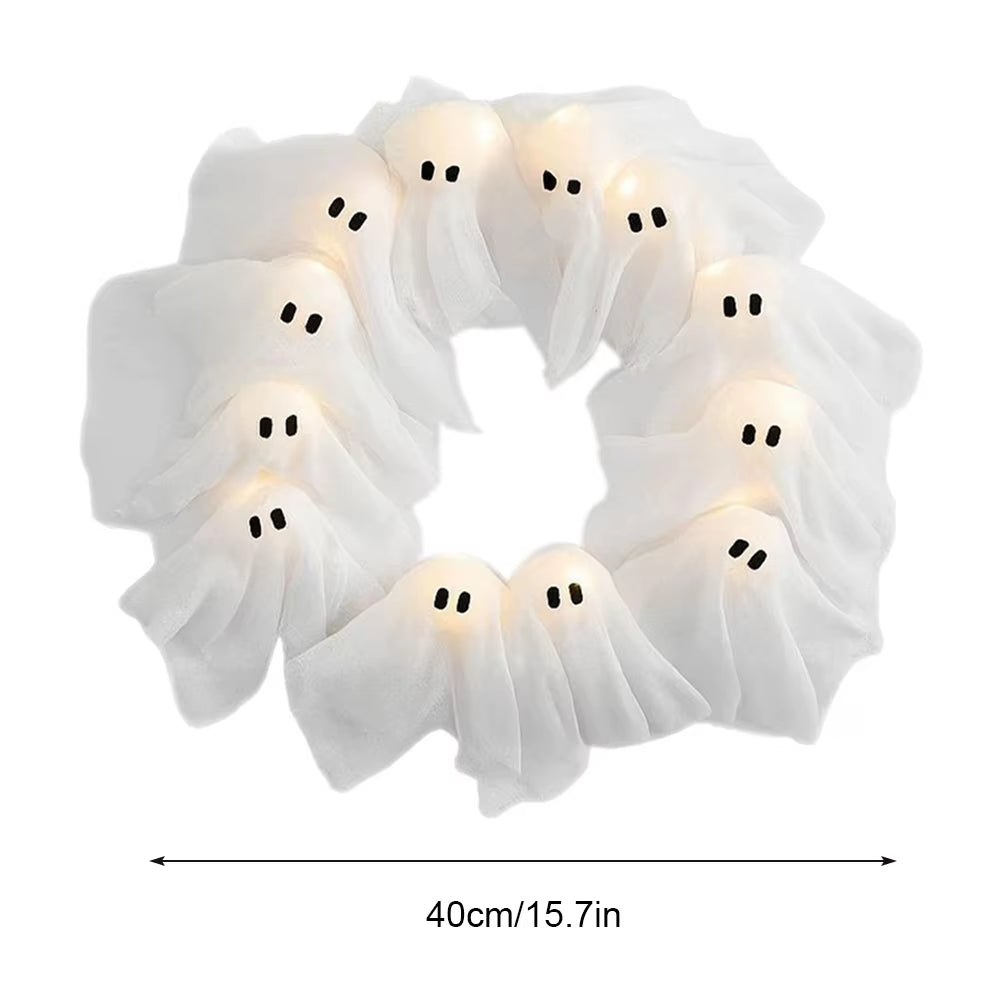 2025 New Glowing Halloween Decoration Led Spooky Lights Light-Up Ghost Wreath Outdoor Wall Decor Spooky Front Door Hanging Decor