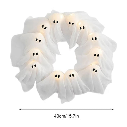 2025 New Glowing Halloween Decoration Led Spooky Lights Light-Up Ghost Wreath Outdoor Wall Decor Spooky Front Door Hanging Decor
