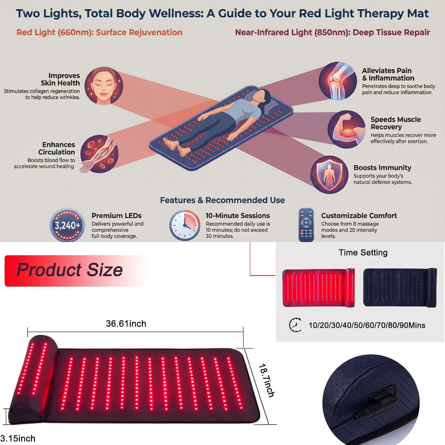 Red Light Therapy Massage Mat with 3D Neck Support & Far Infrared Heat – Professional Pain Relief for Home & Spa Use Relax