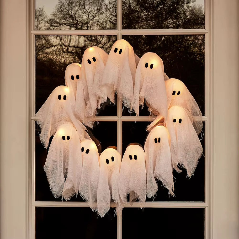 2025 New Glowing Halloween Decoration Led Spooky Lights Light-Up Ghost Wreath Outdoor Wall Decor Spooky Front Door Hanging Decor
