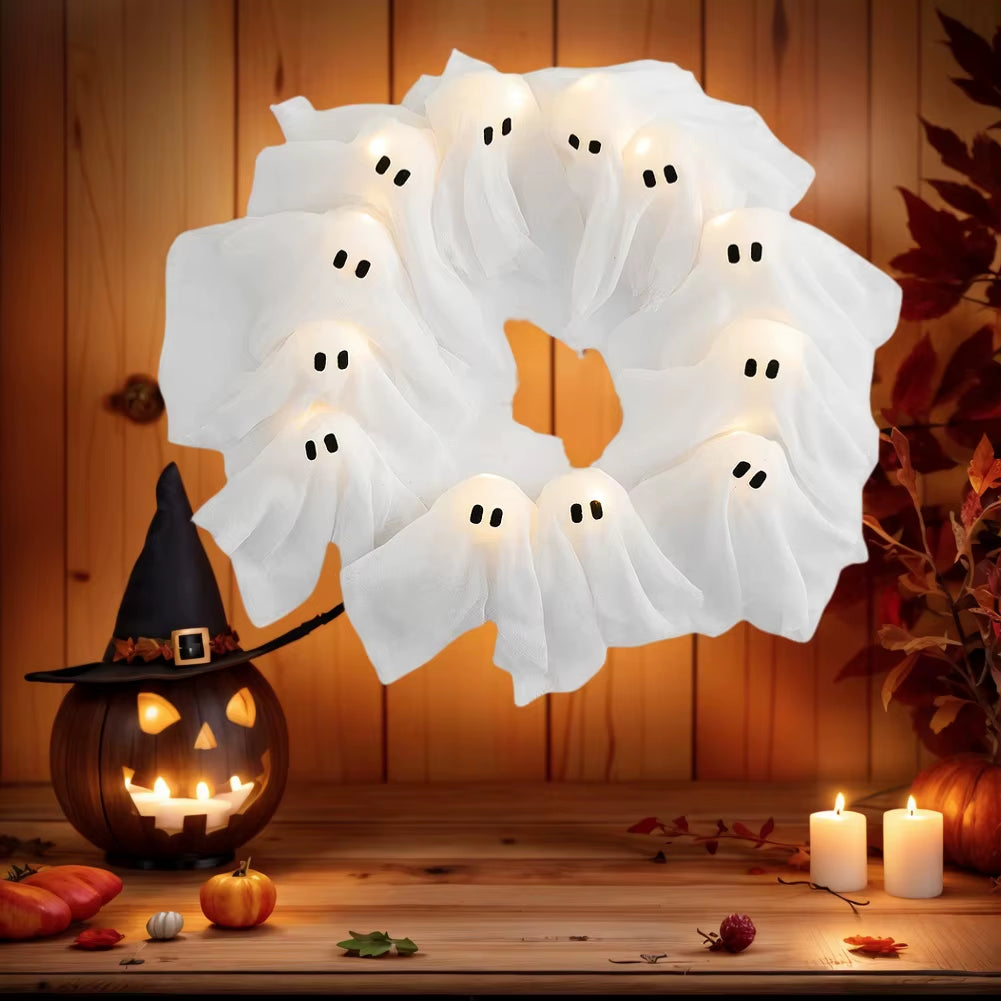 2025 New Glowing Halloween Decoration Led Spooky Lights Light-Up Ghost Wreath Outdoor Wall Decor Spooky Front Door Hanging Decor
