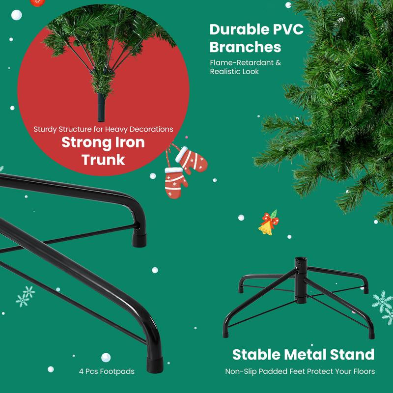 Pre-Lit Artificial Christmas Tree with Branch Tips 250 Incandescent Lights Foldable Base for Home Office Party Green White Snow Flocked Design