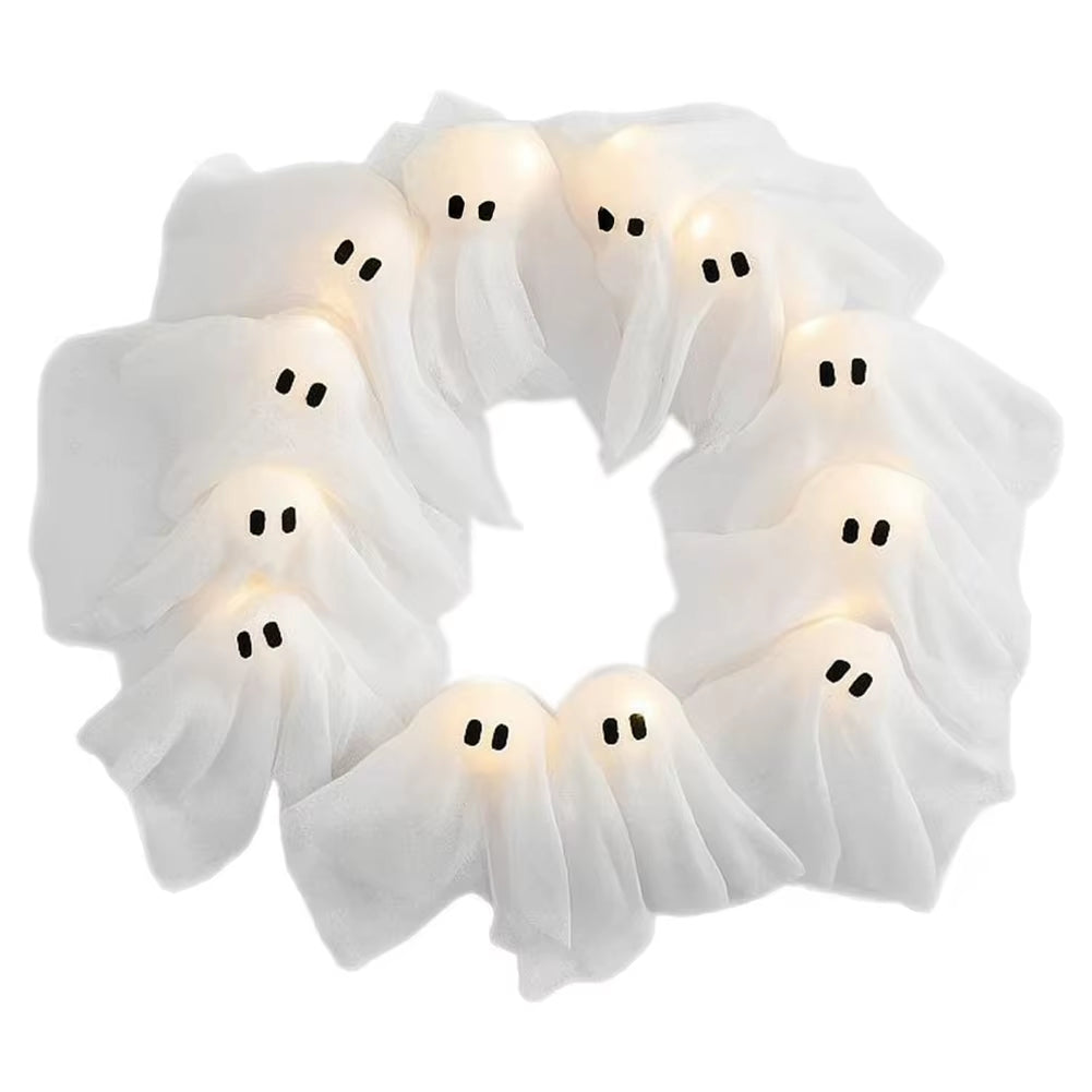 2025 New Glowing Halloween Decoration Led Spooky Lights Light-Up Ghost Wreath Outdoor Wall Decor Spooky Front Door Hanging Decor