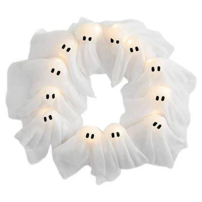 2025 New Glowing Halloween Decoration Led Spooky Lights Light-Up Ghost Wreath Outdoor Wall Decor Spooky Front Door Hanging Decor