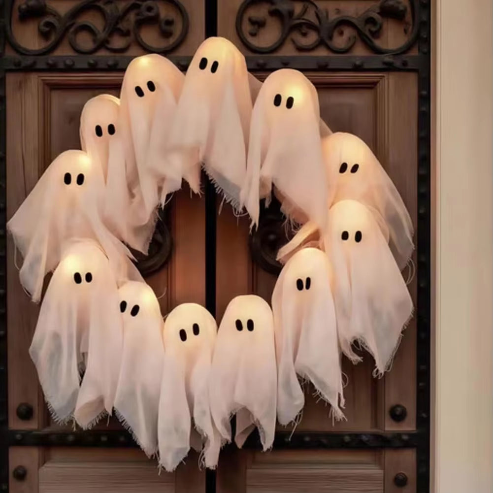 2025 New Glowing Halloween Decoration Led Spooky Lights Light-Up Ghost Wreath Outdoor Wall Decor Spooky Front Door Hanging Decor