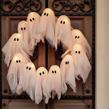 2025 New Glowing Halloween Decoration Led Spooky Lights Light-Up Ghost Wreath Outdoor Wall Decor Spooky Front Door Hanging Decor