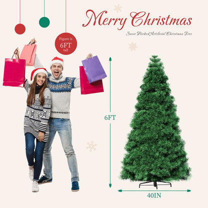 Pre-Lit Artificial Christmas Tree with Branch Tips 250 Incandescent Lights Foldable Base for Home Office Party Green White Snow Flocked Design